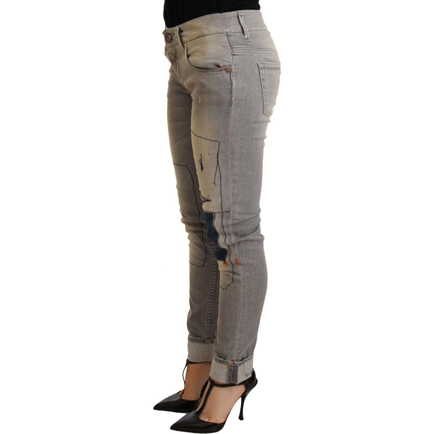 Acht Gray Cotton Slim Fit Folded Hem Women Denim Pant