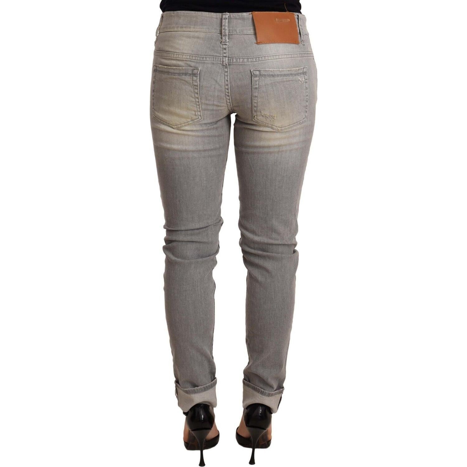 Acht Gray Cotton Slim Fit Folded Hem Women Denim Pant