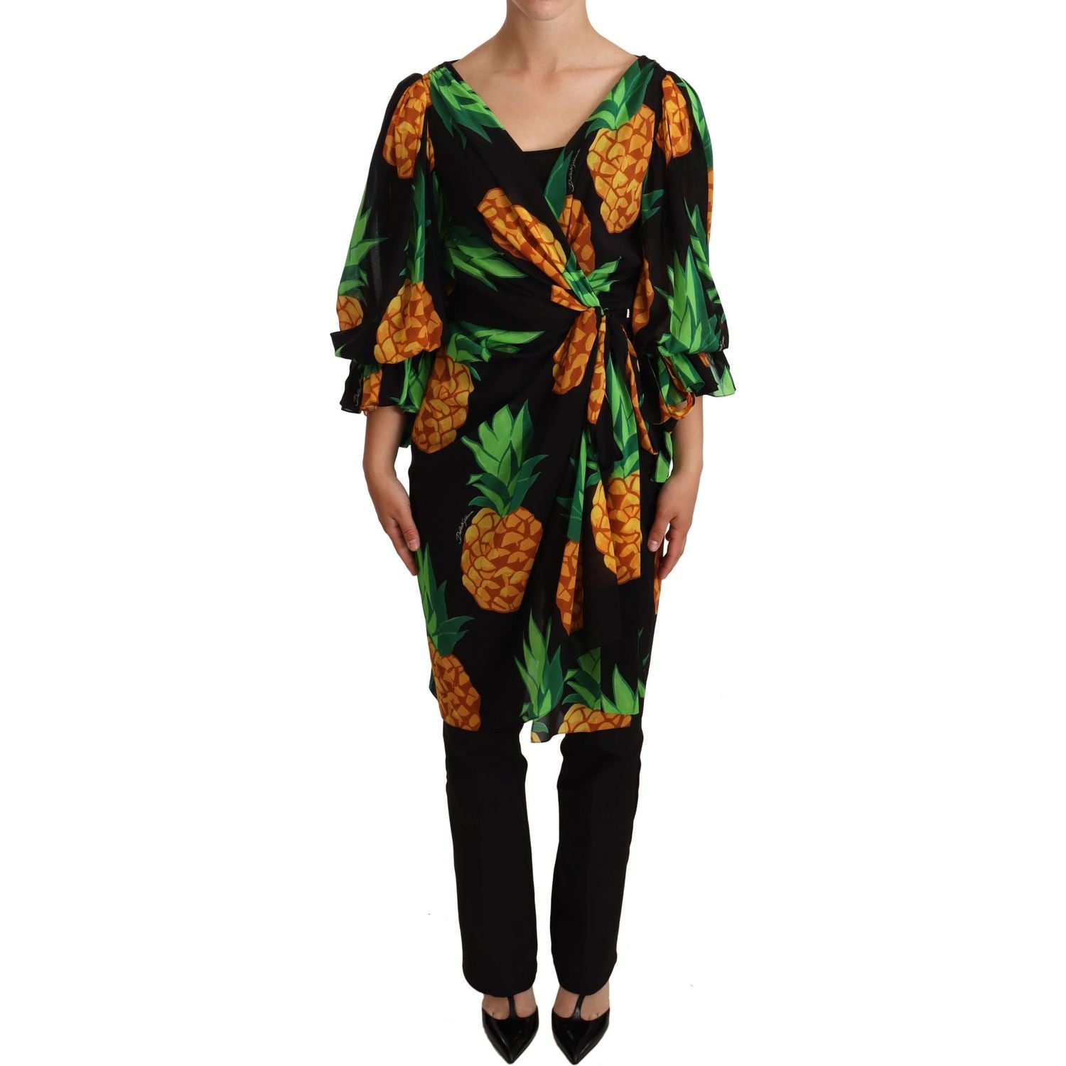 Dolce & Gabbana Black Ananas Print Wrap Stretch Silk Dress