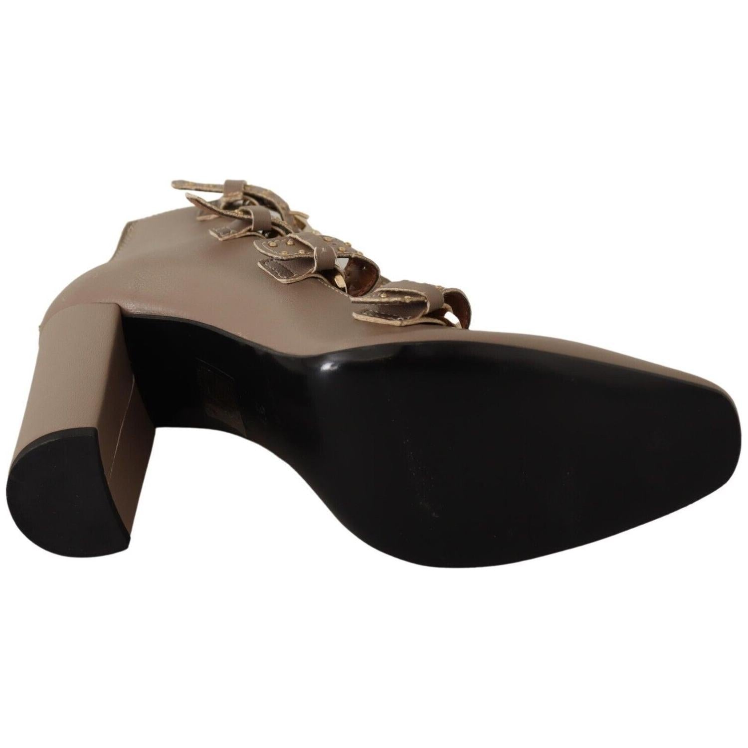 MY TWIN Brown Leather Block Heels Multi Buckle Pumps Shoes