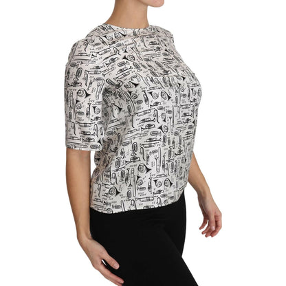 Dolce & Gabbana White Musical Instruments Print Blouse Blouse Top