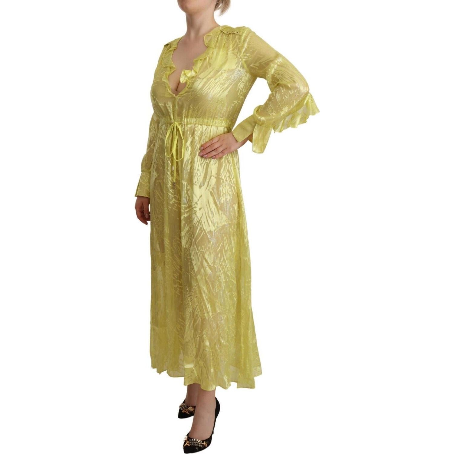 Patrizia Pepe Yellow Silk Long Sleeves Plunging Maxi Dress