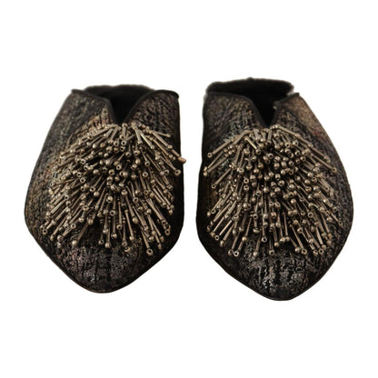 Paola D'Arcano Gold Jacquard Leather Embellished Slip On Shoes