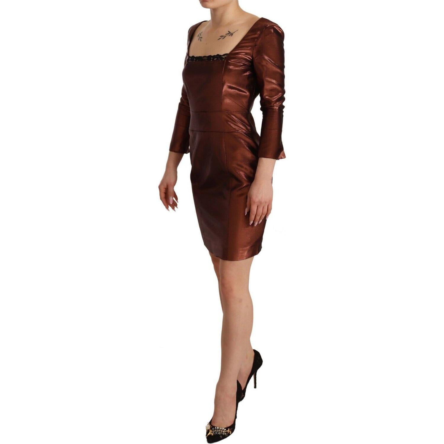 GF Ferre Metallic Brown Long Sleeves Square Neck Sheath Dress