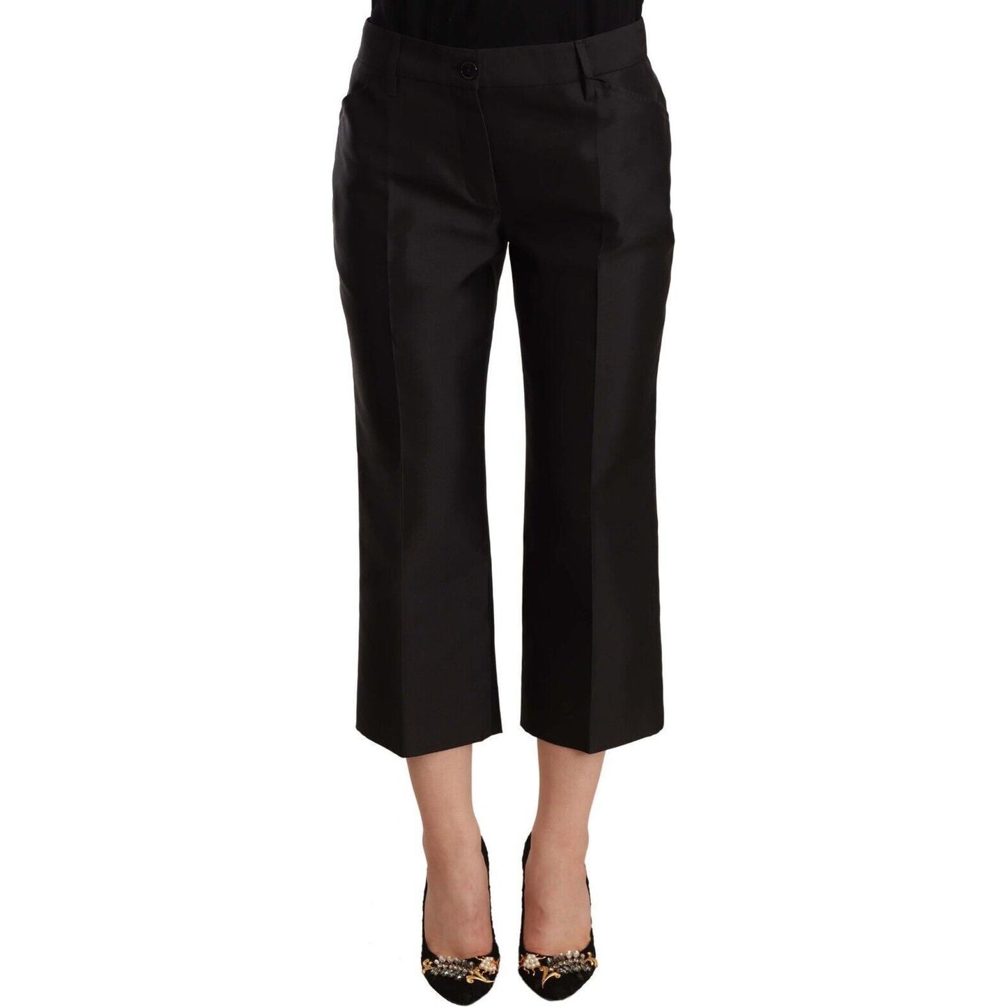 Dolce & Gabbana Black 100% Silk Flared Cropped Pants Dolce & Gabbana