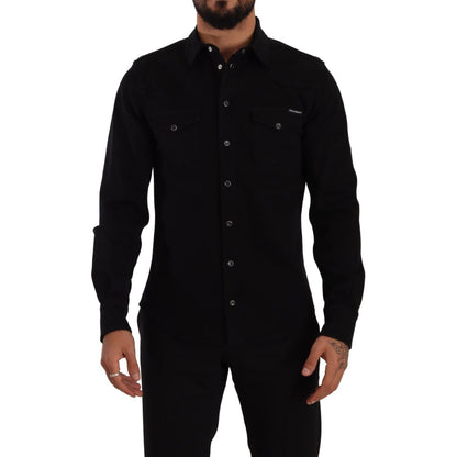 Dolce & Gabbana Black Slim Cotton Denim Stretch Shirt Dolce & Gabbana