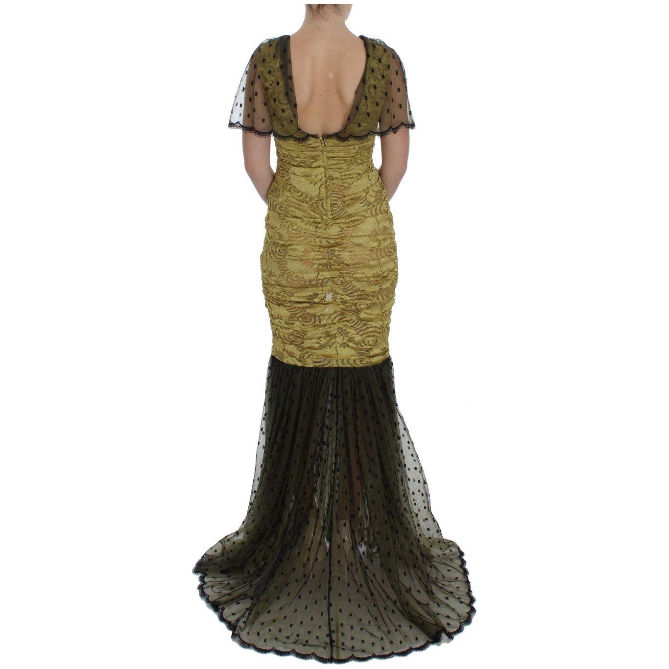 Dolce & Gabbana Yellow Black Floral Lace Ricamo Gown Dress