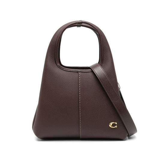 Coach Lana 25 leather crossbody bag in coffee brown with adjustable strap and top handles, includes protective dust bag.