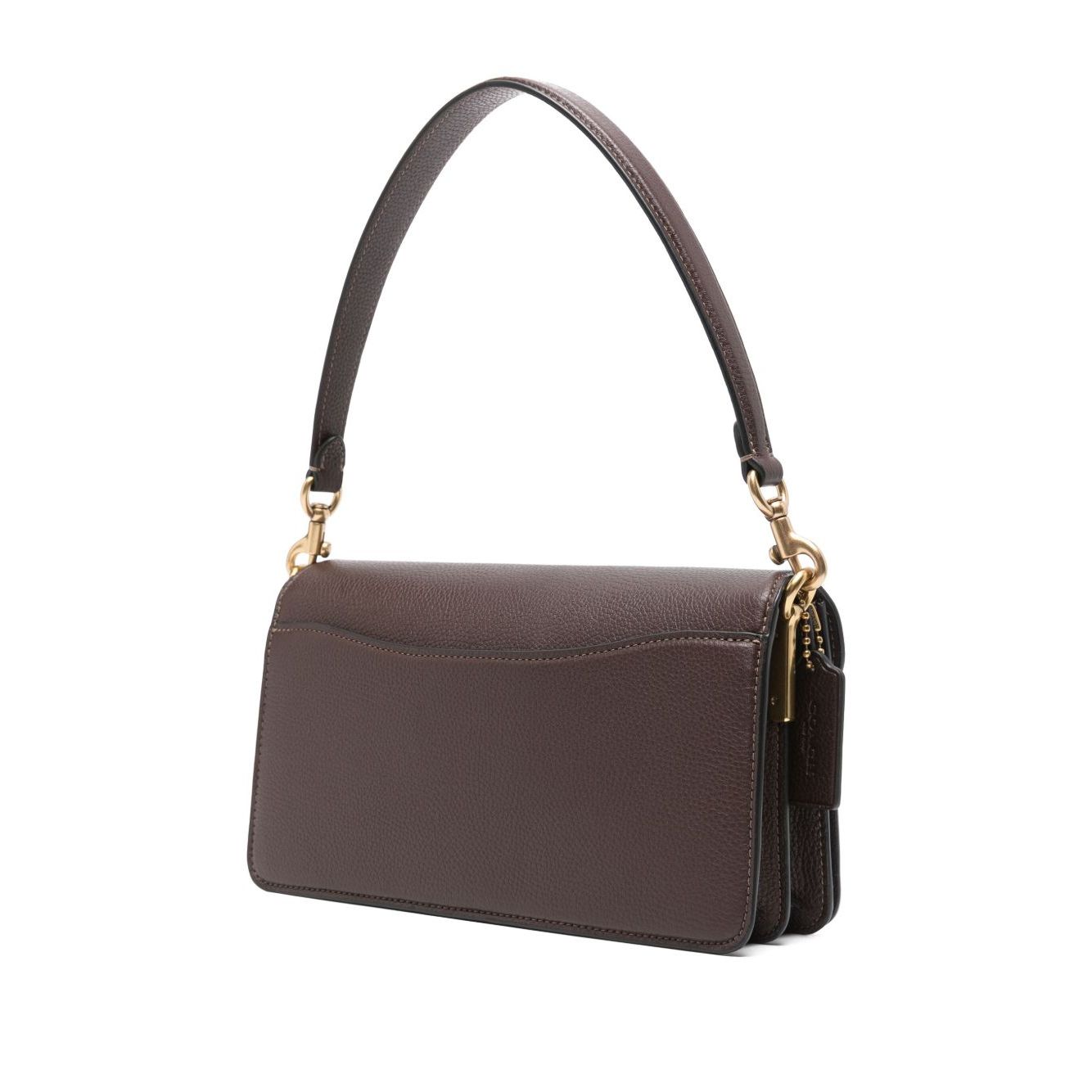 Coach Tabby 26 leather shoulder bag in earth brown, featuring pebbled texture, detachable strap, logo plaque, and slip pocket.