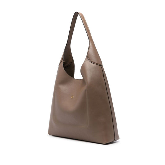 Light brown Coach Brooklyn leather hobo bag with single shoulder strap and logo stamp, 40x44x13 cm, stylish and spacious design.