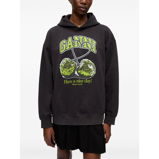 GANNI Sweaters Grey organic cotton hoodie with black drop shoulder, long sleeves, and cherry graphic.