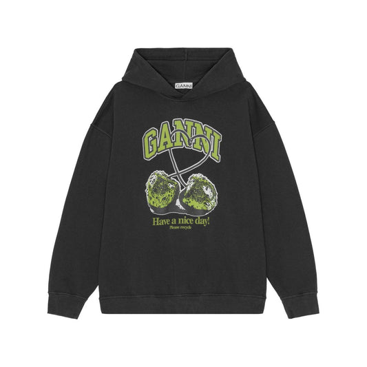 GANNI Sweaters Grey - Black hoodie with drop shoulder, long sleeves, and graphic cherries design made from organic cotton.