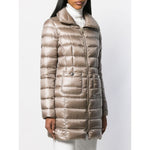 Herno Coats Dove Grey Maria midi down jacket with zipper, long sleeves, and patch pockets, featuring a padded interior for warmth.
