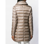 Model wearing Herno Coats Dove Grey natural feather down Maria zipped jacket with padded interior, front zip, and long sleeves.