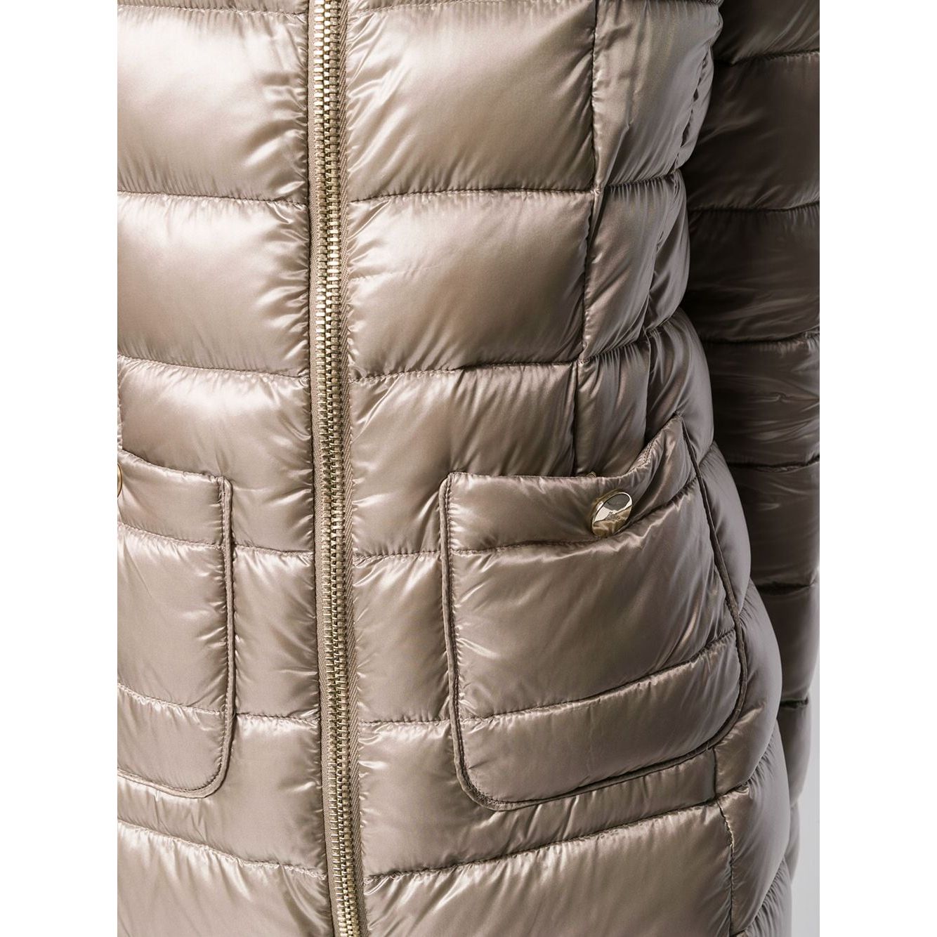 Herno Coats Dove Grey natural feather down Maria zipped jacket with patch pockets and padded interior. Front view detailing.