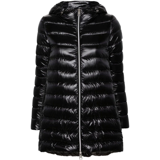 Herno Coats Black feather down padded jacket with drawstring hood, two-way zip, long sleeves, side pockets and curved hem.