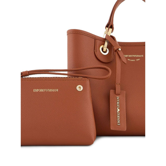 Emporio Armani MyEA small shopping bag in brown with magnetic fastening, detachable strap, and matching removable pouch.