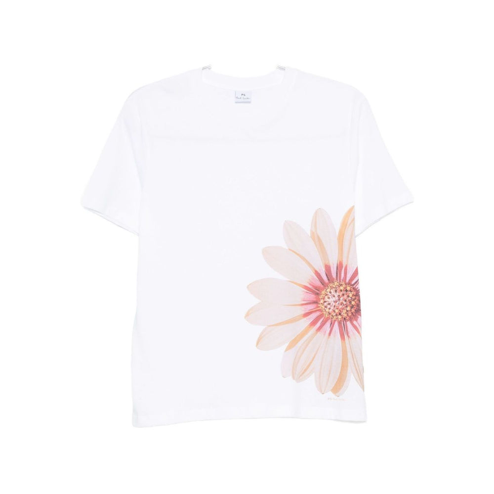 PS By Paul Smith T-shirts and Polos White floral Zinnia print cotton t-shirt with short sleeves and crew neck design.