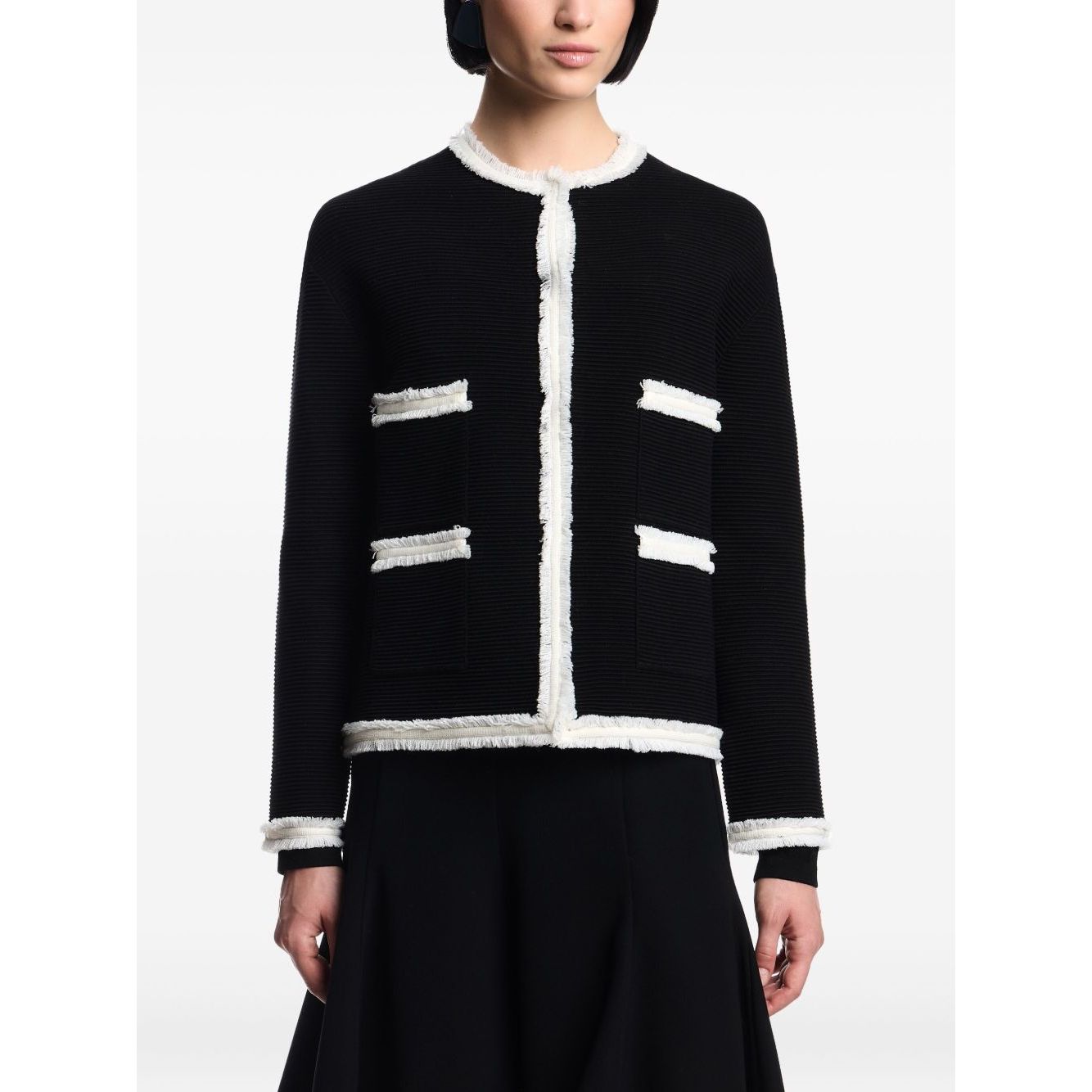 Emporio Armani Jackets Black wool-blend crewneck blazer with fringed trim and welt pockets