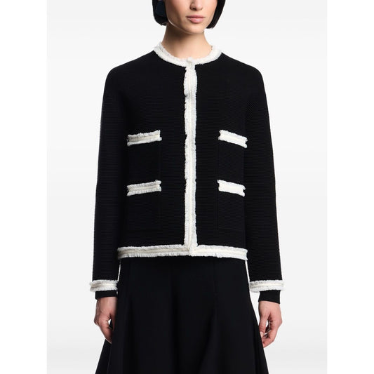 Emporio Armani Jackets Black wool-blend crewneck blazer with fringed trim and welt pockets