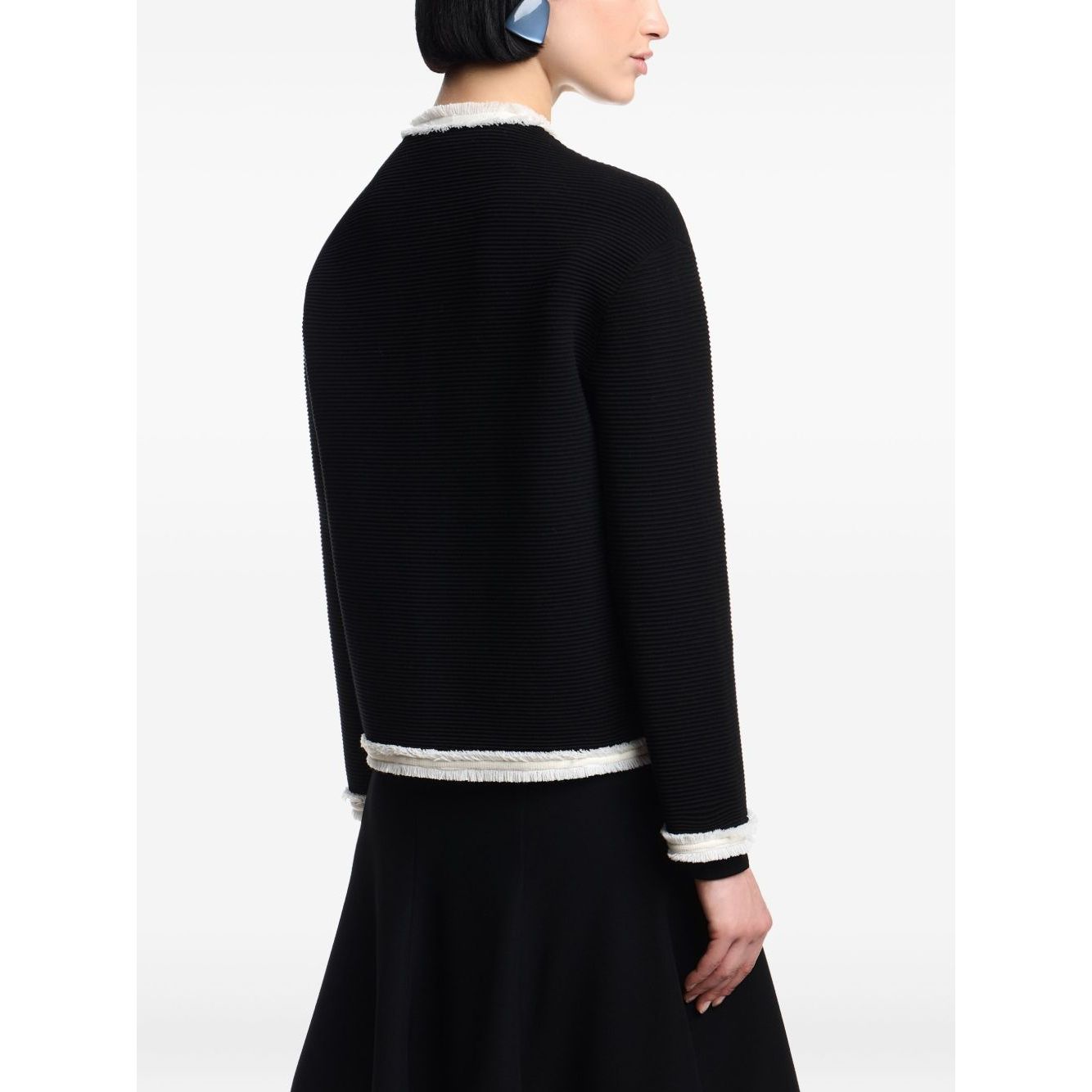 Back view of Emporio Armani Jackets Black wool-blend blazer with fringed trim and welt pockets.