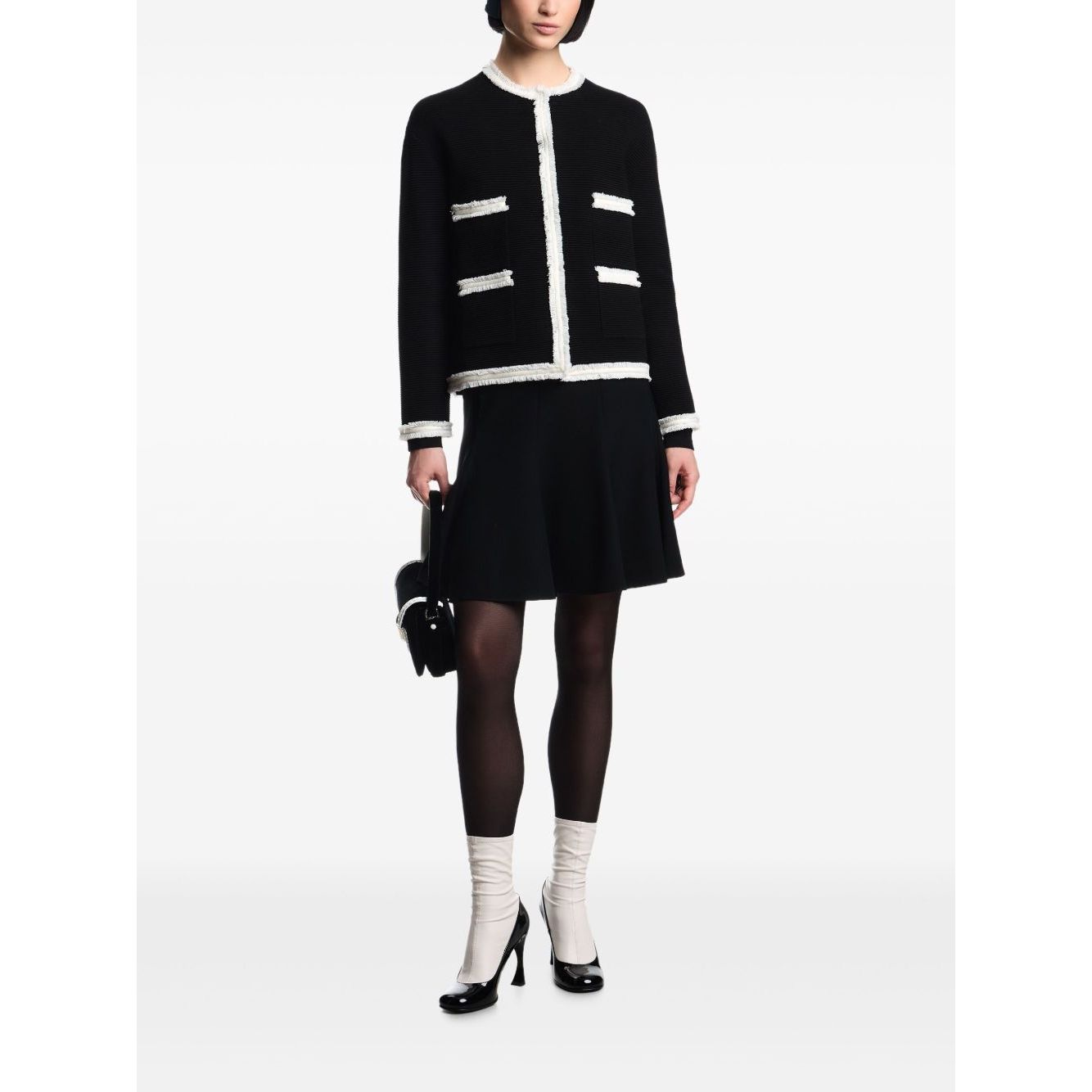 Emporio Armani Jackets Black wool-blend blazer with fringed trim and welt pockets, round neck design.