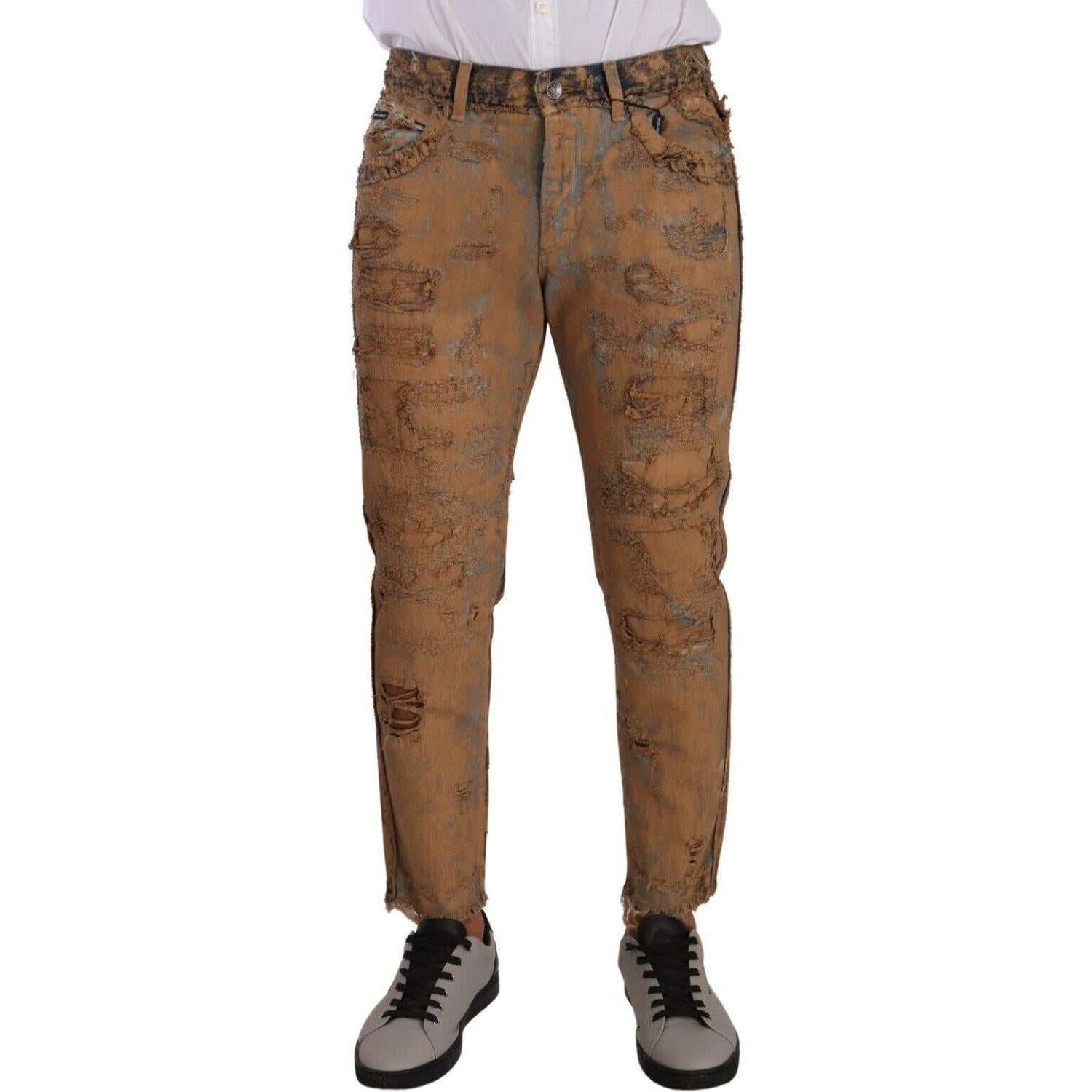 Dolce & Gabbana Brown Distressed Cotton Regular Denim Jeans