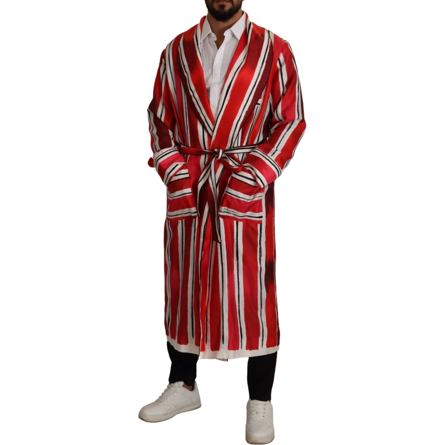 Dolce & Gabbana Red White Striped Silk Mens Night Gown Robe Dolce & Gabbana