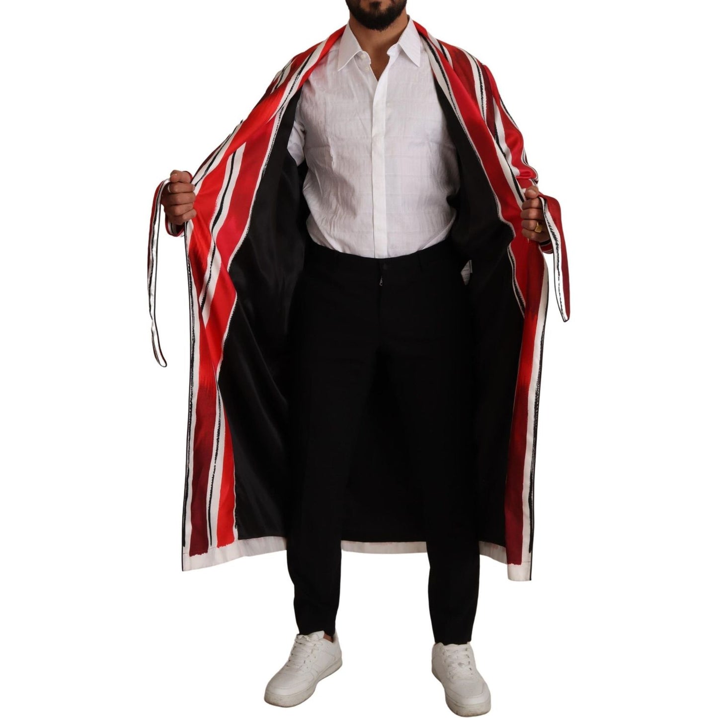 Dolce & Gabbana Red White Striped Silk Mens Night Gown Robe Dolce & Gabbana