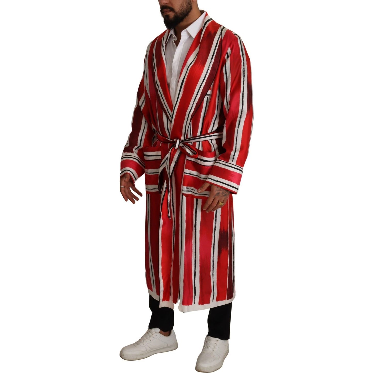 Dolce & Gabbana Red White Striped Silk Mens Night Gown Robe Dolce & Gabbana