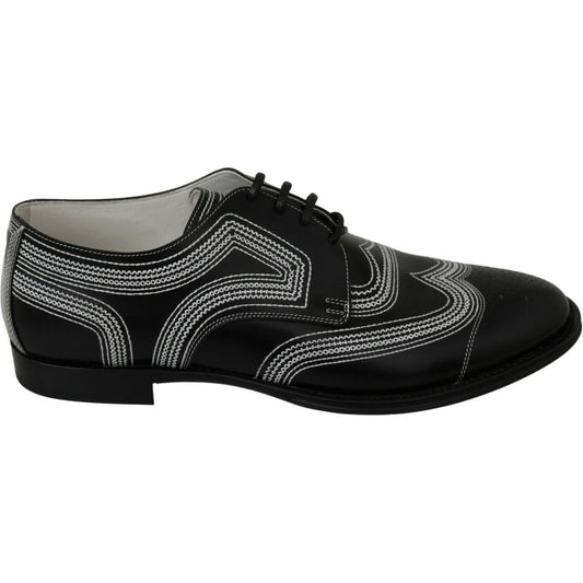 Dolce & Gabbana Black Leather Derby Formal White Lace Shoes MV3002- 44