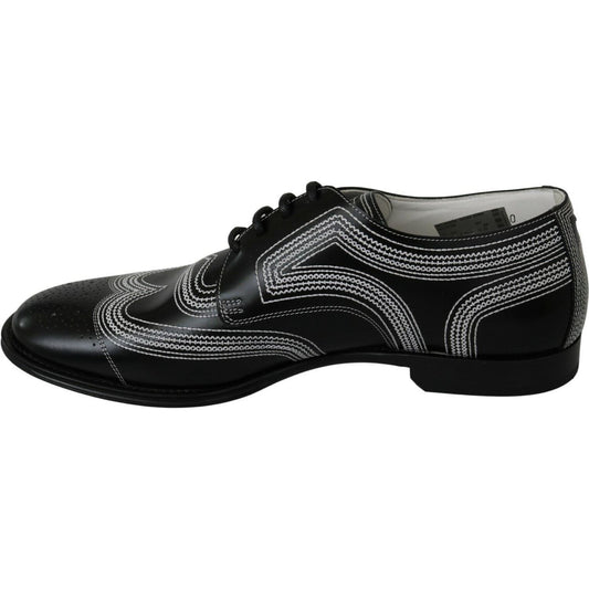 Dolce & Gabbana Black Leather Derby Formal White Lace Shoes MV3002- 44