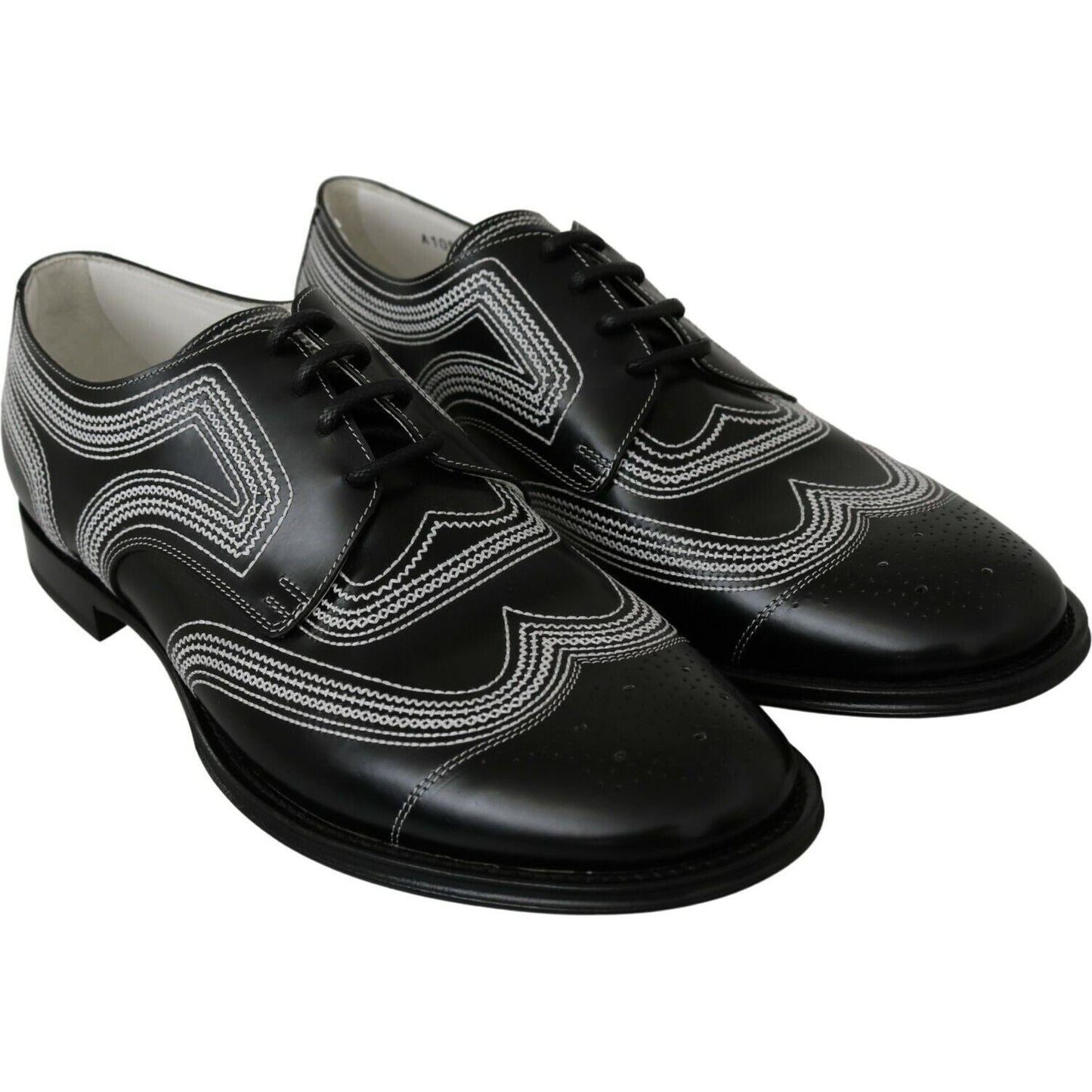 Dolce & Gabbana Black Leather Derby Formal White Lace Shoes MV3002- 44