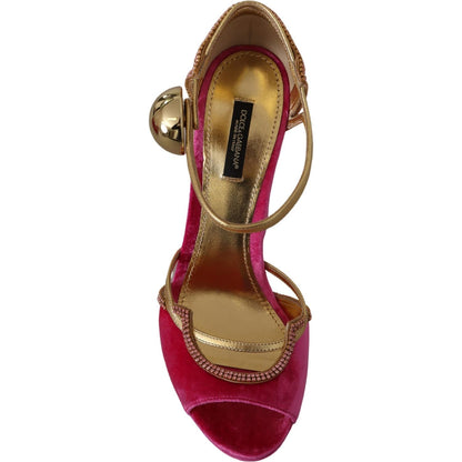Dolce & Gabbana Pink Velvet Crystal Ankle Strap Sandals Shoes