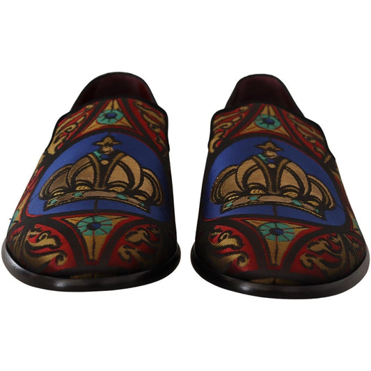 Dolce & Gabbana Multicolor Jacquard Crown Slippers Loafers Shoes MV4462 -39