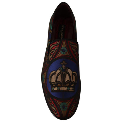 Dolce & Gabbana Multicolor Jacquard Crown Slippers Loafers Shoes
