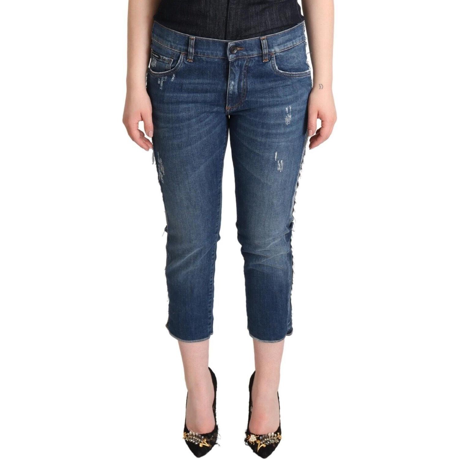 Dolce & Gabbana Blue Washed Mid Waist Denim Logo Cropped Jeans