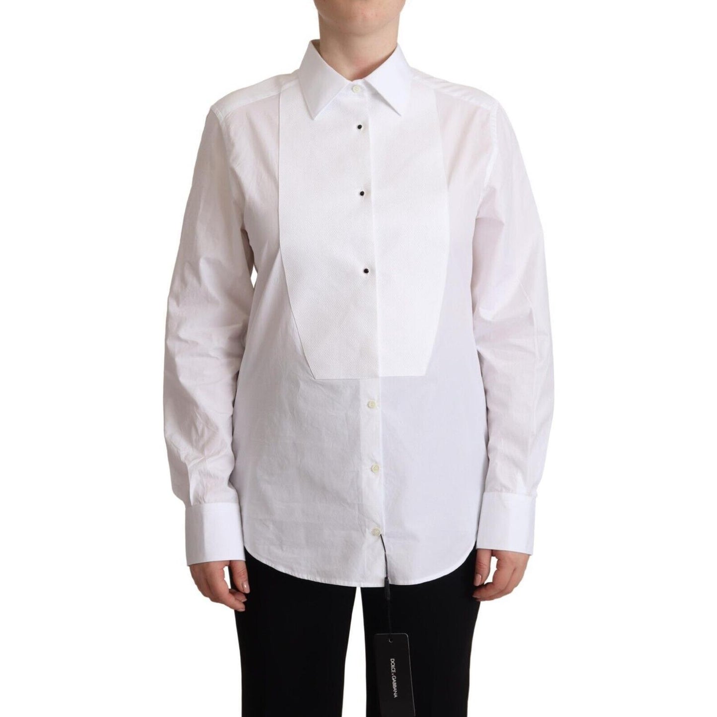 Dolce & Gabbana White Cotton Dress Collared Long Sleeves Shirt Top