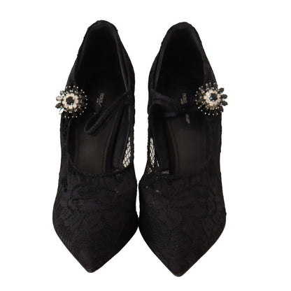 Dolce & Gabbana Black Lace Crystals Heels Mary Jane Pumps Shoes