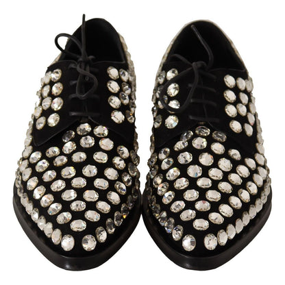 Dolce & Gabbana Black Leather Crystals Lace Up Formal Shoes