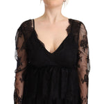 Aniye By Black Floral Lace Cotton Long Sleeves V-neck Shift Dress DR28361 - 44
