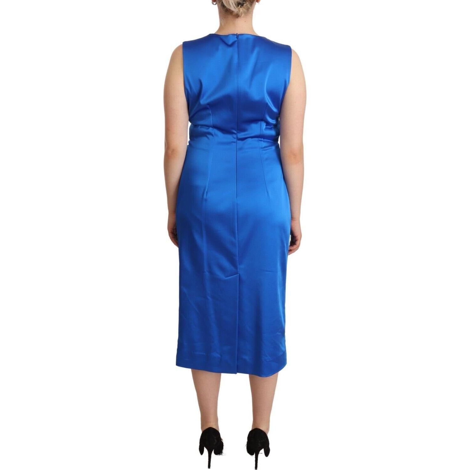 P.A.R.O.S.H. Blue Acetate Sleeveless Pleated Midi Sheath Dress
