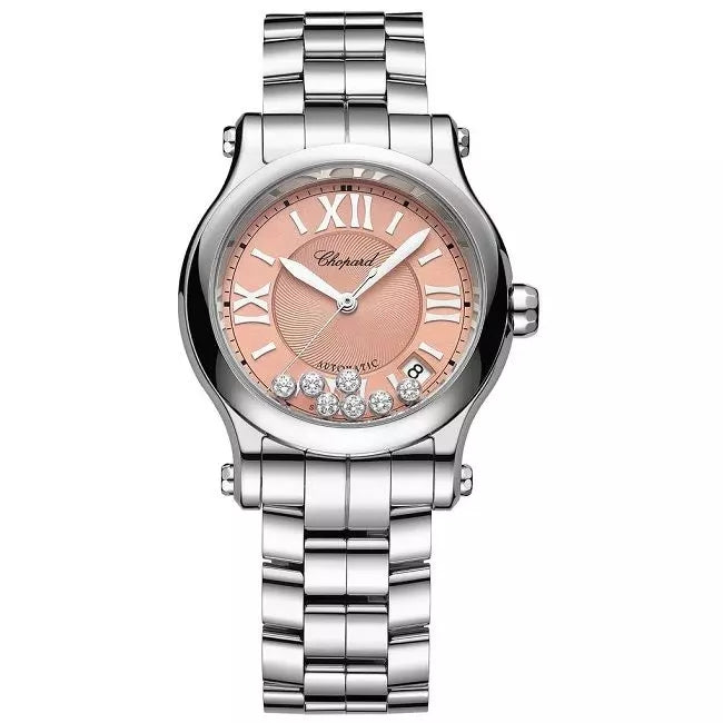 CHOPARD MOD. HAPPY SPORT AUTOMATIC W/Diamonds wristwatch, stainless steel case and bracelet, pink dial, made in Switzerland.