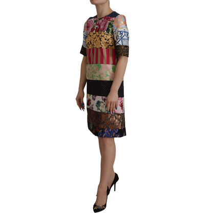 Dolce & Gabbana Multicolor Pachwork Floral Sheath Jaquard Mini Gown Dress