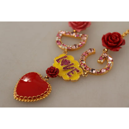Dolce & Gabbana Gold Rose Love Crystal Charm Chain Necklace Necklace