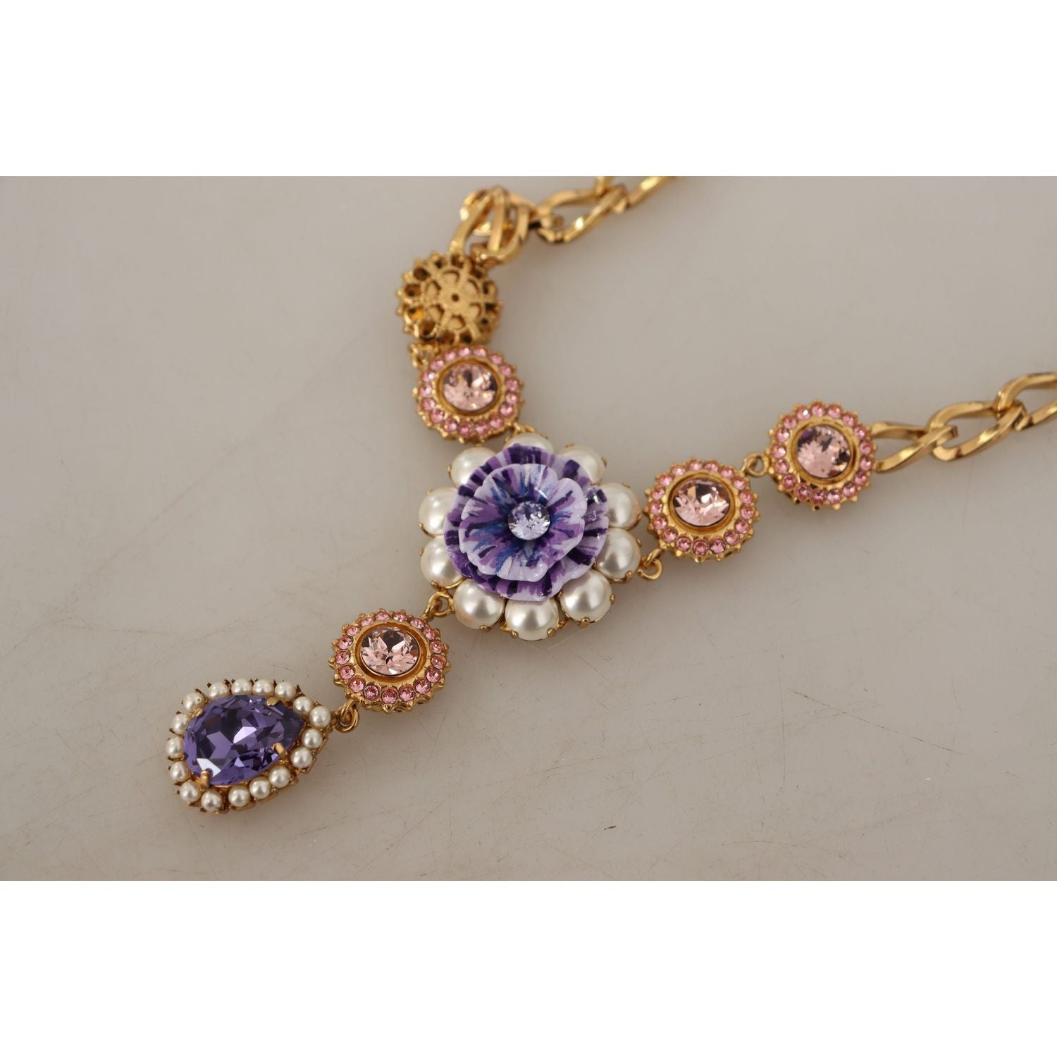 Dolce & Gabbana Gold Brass Crystal Purple Pink Pearl Pendants Necklace