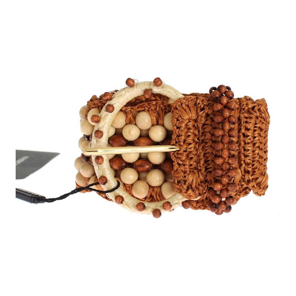Dolce & Gabbana Brown Raffia Wood Beaded Wide Waist Belt