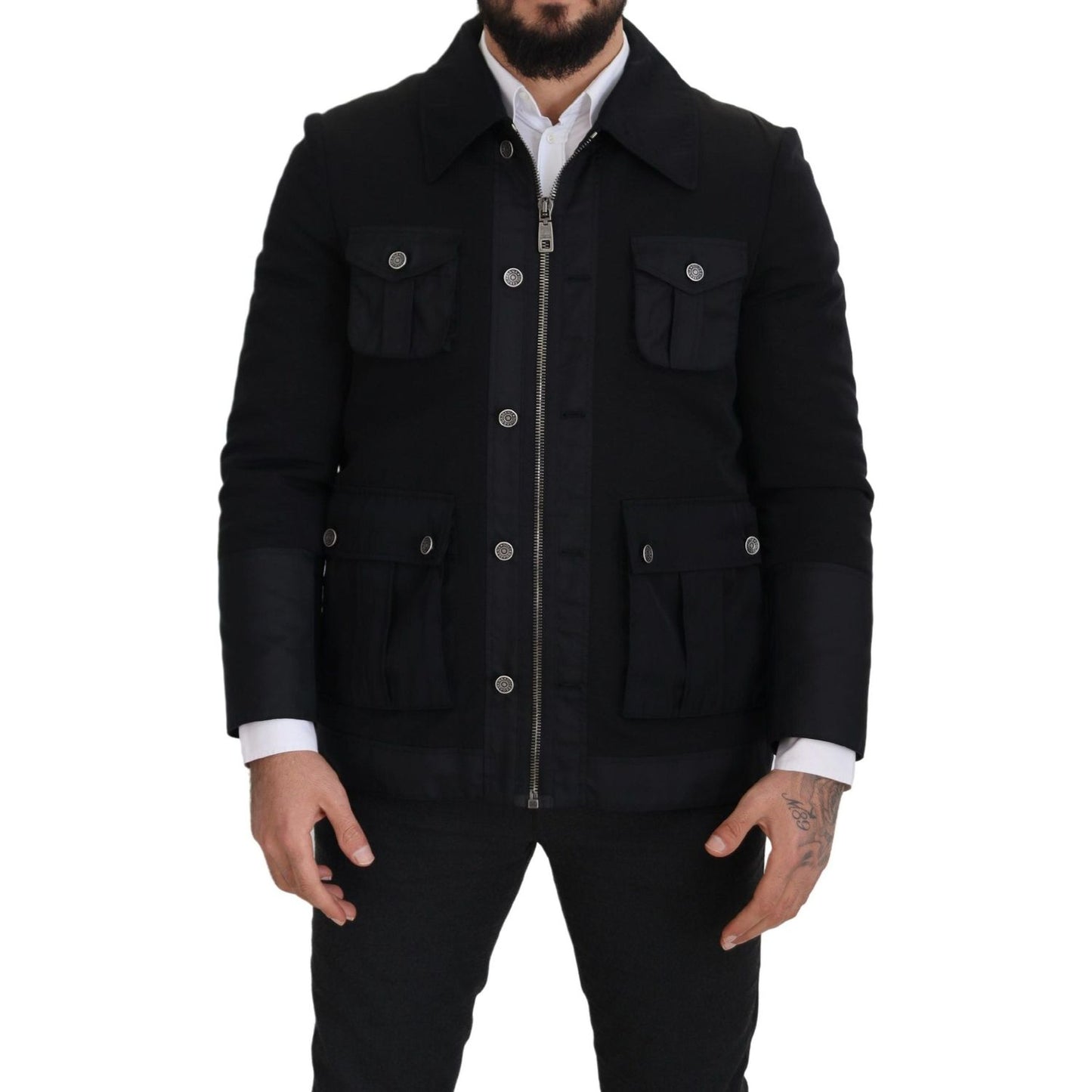 Dolce & Gabbana Black Wool Collared Full Zip Jacket Dolce & Gabbana