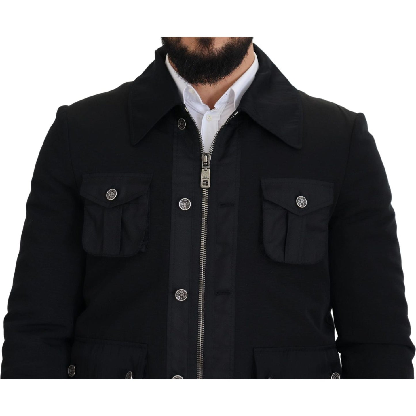 Dolce & Gabbana Black Wool Collared Full Zip Jacket Dolce & Gabbana