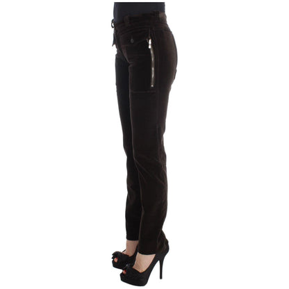 Ermanno Scervino Brown Cotton Velvet Zippers Slim Fit Pants